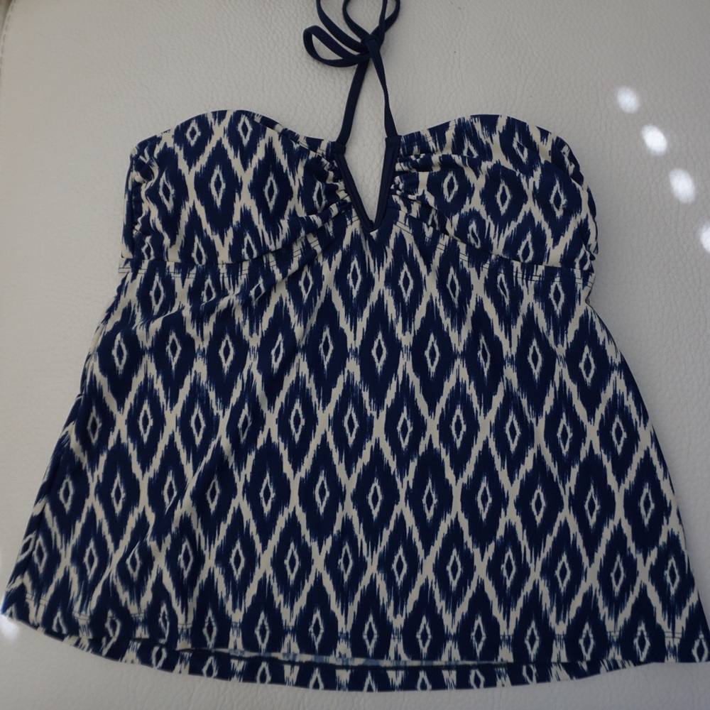 White and navy tankini with bikini bottom